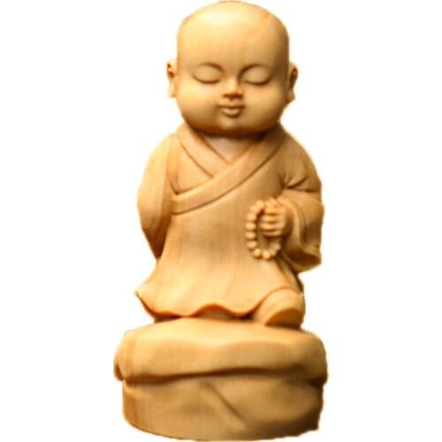 Buddha Statue Little Monk Boxwood Carved Wooden Handicraft Tea Pet Semi Handmade Crafts Room Decor GY96