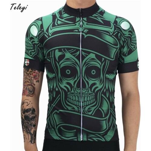 Teleyi 2019 Breathable Green Skull Cycling Jersey For Men Summer mtb Bicycle Jersey Quick Dry Cycling Clothing Sport Bike Wear