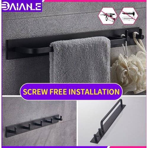 Toilet towel bar with hooks black wall mounted screw free installation Bedroom living room bathroom shelf storage rack holder