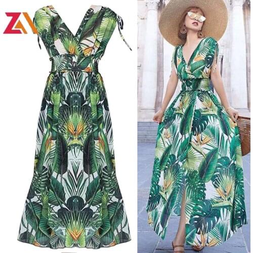 ZALady Beach Bohemian Plus Size Dress Women Summer Boho Leaves Floral Print Maxi Long Dresses Sexy V-neck Chic Holiday Zevity