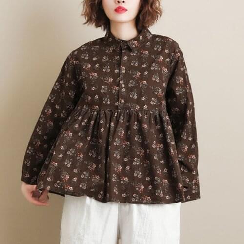 Plus Size Women Cotton Casual Shirts New Arrival 2021 Spring Vintage Style Floral Print Loose Female Long Sleeve Tops S3691