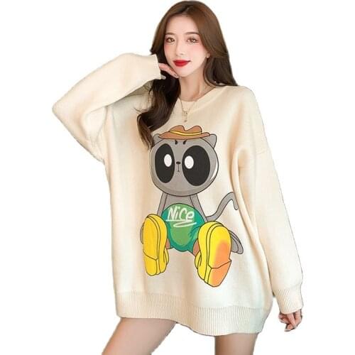 New Autumn Winter Women Cute Cartoon pattern Loose Raglan sleeves O-Neck Long style Female casual Warm knit sweater tops