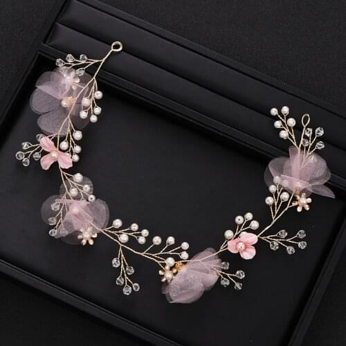 Handmade Wedding Pink Flower Hair Accessories Crystal Pearl Hair Band Female Hair Band Golden Bridal Hair Accessories Gift