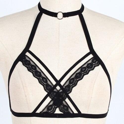 Womens Sexy Cage Halter V-Neck Lingerie Bustier Hollow Open Cup Harness Bra Criss Cross Floral Lace Bandage Underwear Crop Top