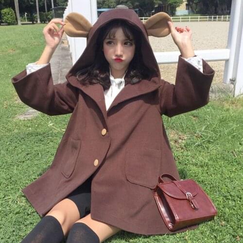 Sweet Woolen coat women autumn and winter 2020 popular day soft girl cute bear ears hooded loose girl coat