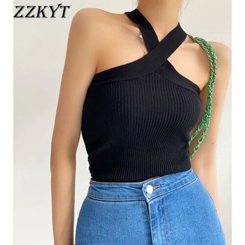 ZZKYT 2021 Women Summer Vintage Slim Solid Knitted Tank Tops Fashion Cross Shoulder Straps Backless Female Camis Chic Tops Mujer