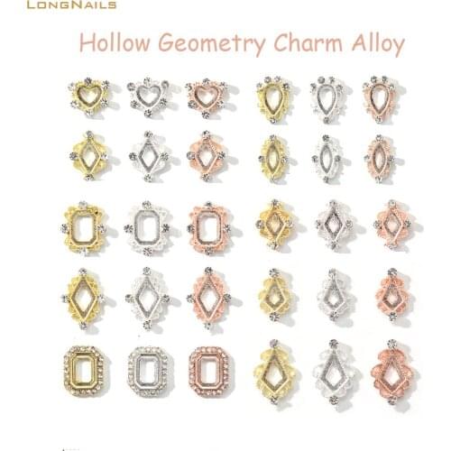 10pcs Europen*Royal Metal Alloy Decorations 7~15mm (Heart, Rhombus, Square.) Geometry Hollow Diamond Charm Nail Jewelstones Je55