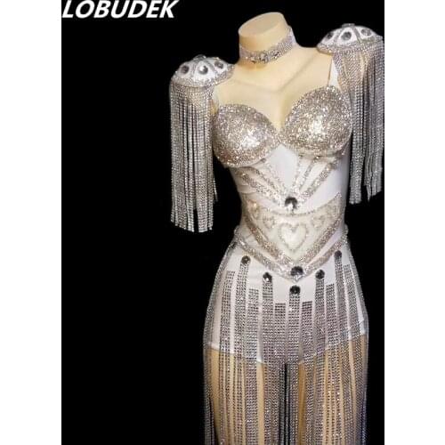 Sparkly White Rhinestones Tassels Epaulet Bodysuit Sexy Fashion Female Singer Stage Wear Nightclub Dancer Group DJ Dance Costume