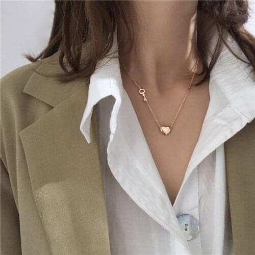 316L Stainless Steel Fashion Fine Jewelry Minimalism Sweet Couple key Love Heart Charms Chain Choker Necklaces Pendant For Women