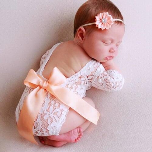 Baby Romper Deep V Backless Newborn Photo Photograph Props Lace Toddler Hollow Bow-knot Design Fotografia Accessories