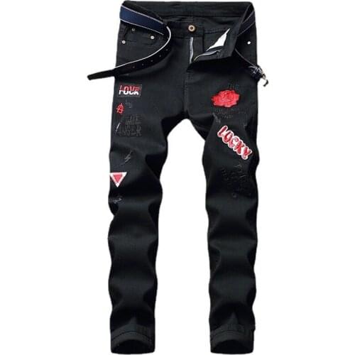 New Mens Male red flower letters embroidery black jeans Fahion Casual badge stretch denim pants 2022
