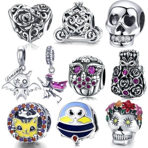 Hiyong Halloween Bangle 925 Sterling Silver DIY Beads Bangle Skull Beads Witch Bangles Charm Festival Jewelry Halloween Gifts