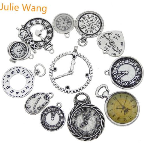 Julie Wang 10pcs Antique Sliver Alloy Random Mixing Clock Charms For Necklace Pendant Finding Jewelry Making Metal Accessory