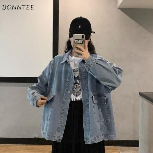 Basic Jackets Women Pockets Denim Ulzzang Fit Retro Stylish Female Casual Outwear All-match Newest Solid Vintage Single Breasted