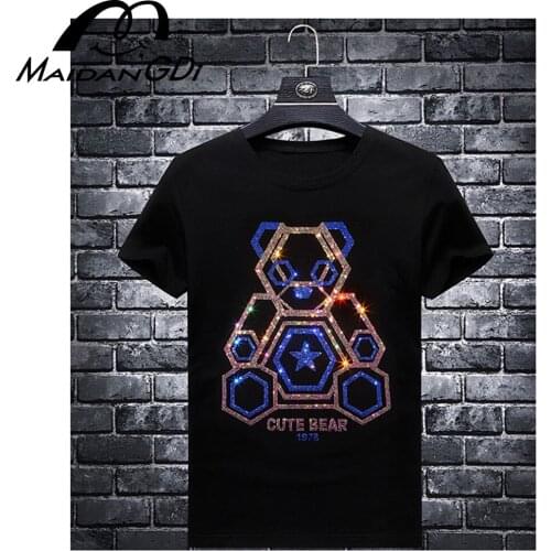 MaiDangDi Summer T-Shirt Loose European Clothes Shiny Chic Hot Drilling Men and Women Cotton Tops Bottoming Tops Plus Size Tees