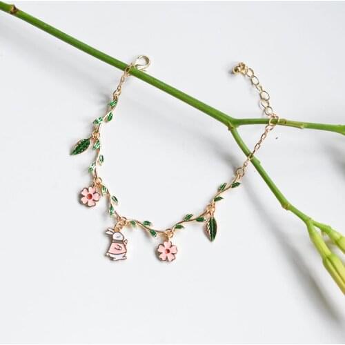 Sweet Cute Rabbit Flowers Branch Leaves Bangles For Women Japanese and Korean Fashion Jewelry Bracelets Good Gift