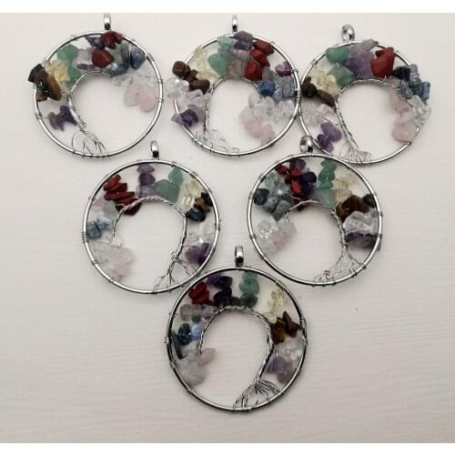 Fashion Tree of Life 12pc Wisdom Tree Chakra Reiki Healing Natural Stone Pendant for Jewelry making men Necklace accessories