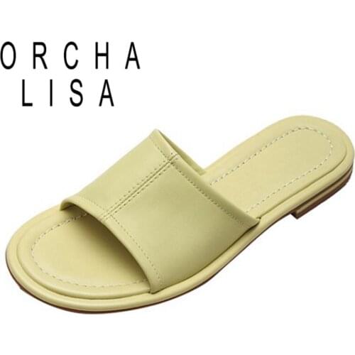 ORCHA LISA Summer 2021 Women Slippers Natural Genuine Leather Flat Slides Round Toe Sheepskin Ladies Footwear White B2654