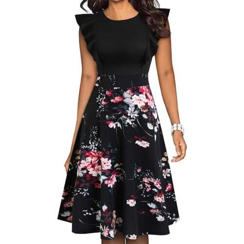 New Elegant Women Dress Floral Print Hem Tunic A-Line Flare Sleeve O Neck Office Lady Midi Dresses Party