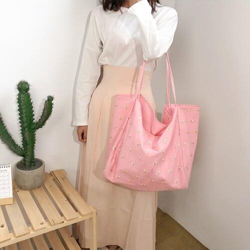 Wholesale Stitchwork Samll Daisy Embroidaried Beach Canvas Shoulder Bag Cute Colorful Girl Flower Fairy Portable Shopping Bag