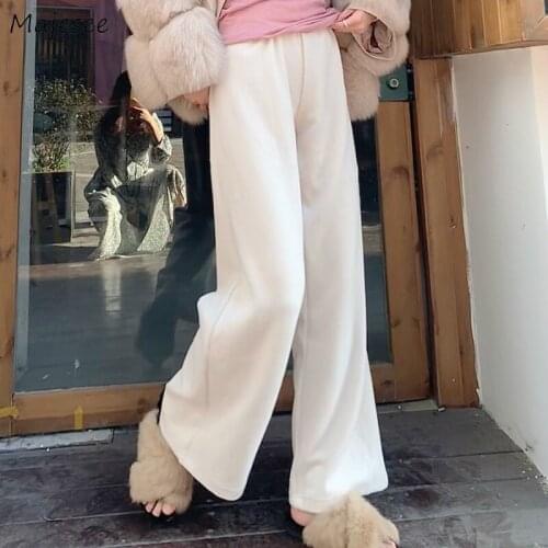 Casual Pants Women Winter Plus Velvet Thicken Solid Elasticity Wide-leg Loose Full-length Trousers Warm Leisure Chic Female New