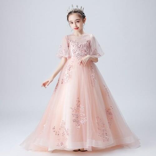 Luxury Pink Flower Girls Dresses O-Neck Appliques Beading Princess Ball Gown Tiered Sequined Floor-Length Kids Party Dress D227