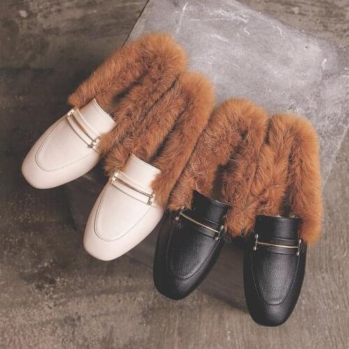 Muller shoes new fur shoes women wear peas shoes cotton shoes women plus velvet warm single shoes flat all-match leather shoes