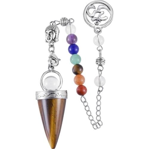 TUMBEELLUWA Natural Gem Stone Cone Shape Pendulum Buddha Head Yoga 3D Chakra Chain for Dowsing Healing Reiki Crystal Pendulum