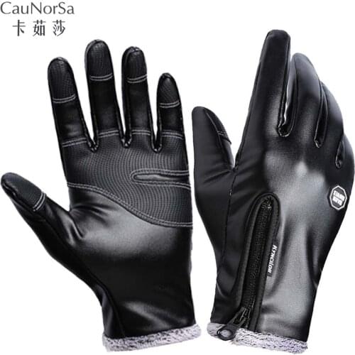 Outdoor windproof waterproof zipper leather gloves mens winter touch screen women plus velvet warm motorcycle riding