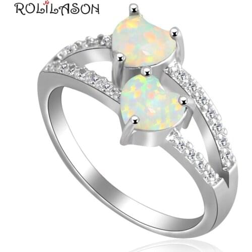 Unique gift for lover Romantic Two hearts style White Fire Opal silver plated Stamped Jewelry Rings USA #6#7#7.5#8.5#9 OR707