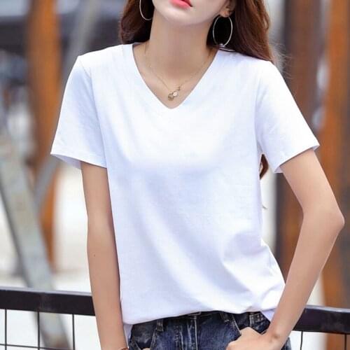 Grace&Taste Office Lady Summer Loose Slim Solid Color V-Neck Short Sleeve T-Shirt 95 Cotton Base Top Temperament Commuter Tees