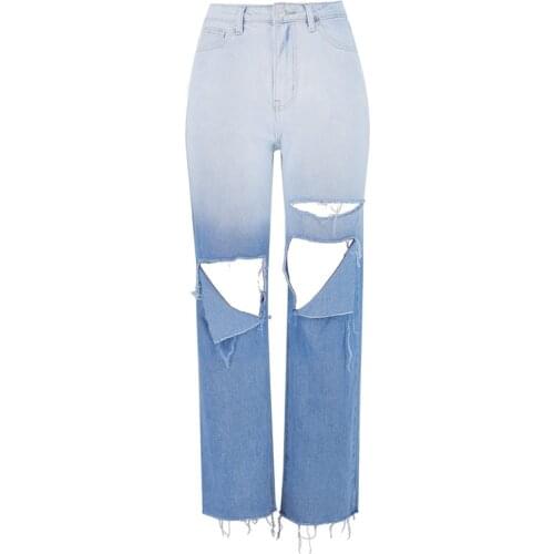 100% Cotton Jeans Womens loose straight-leg denim trousers gradient color ripped wide-leg pants summer hot girl tie-dye Jeans
