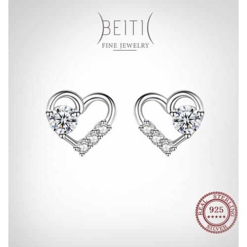 Beitil Top Quality Real 925 Sterling Silver Fine Hollow Clear CZ Hearts Stud Earrings For Women Romantic Wedding Jewelry