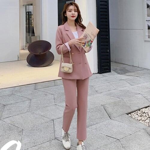 High Quality Casual Solid Women Pant Suits Notched Collar Double-breasted Blazer Coat&Pencil Pant Office Lady Business Pant Suit