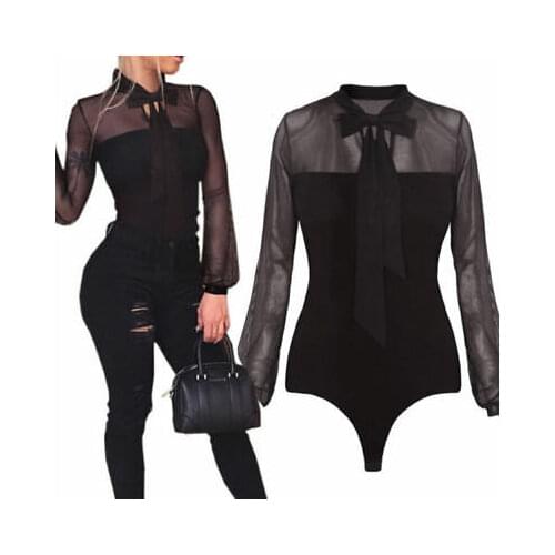 Meihuida 2021 Hot Summer Bodysuit Women Sexy Bow Black Mock Neck Patchwork Long Sleeve Back Ladies Lace Mesh Transparent Tops