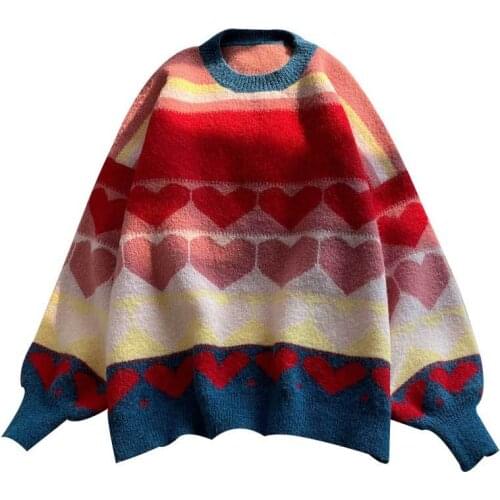 Winter Women Heart Shape Sweaters Embroidery Casual Sweet Knitted Jumper Pullover O-neck Korean Female Basic Knitwear Tops Cloth