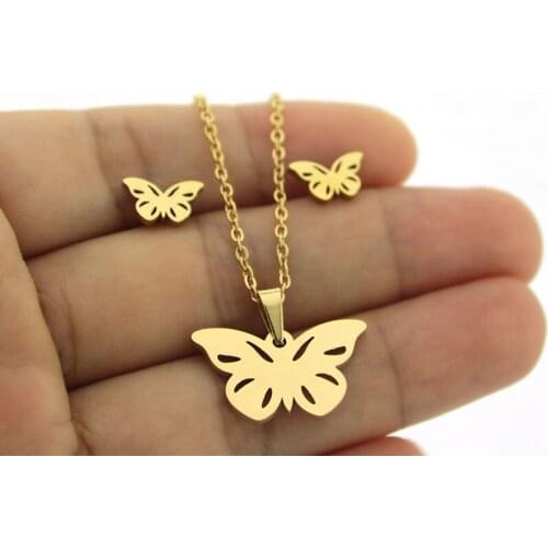 1 Set Golden Stainless Steel Set Cute Wild Butterfly Charms Insect Earrings Necklace Sets for Women Girls Kids Gift