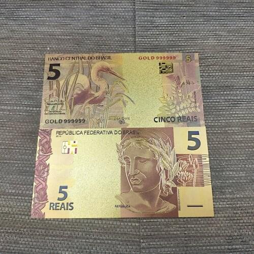 1PC Brazil Bankno 5 Reyals Gold Foiled Platsic Banknote Crafts Gold Plated Replica Money Collection Souvenirs Drop Shipping