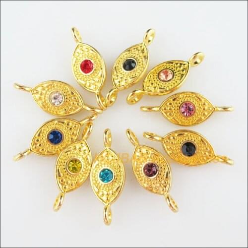 20 New Eyes Charms Gold Color Retro Flower Mixed Crystal Connectors 8.5x23.5mm