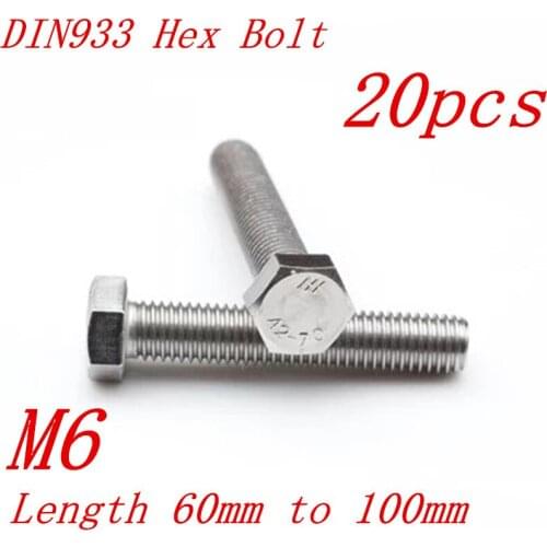 20pcs DIN933 M6*60/65/70/80/90/100 6mm 304 stainless steel hex bolt
