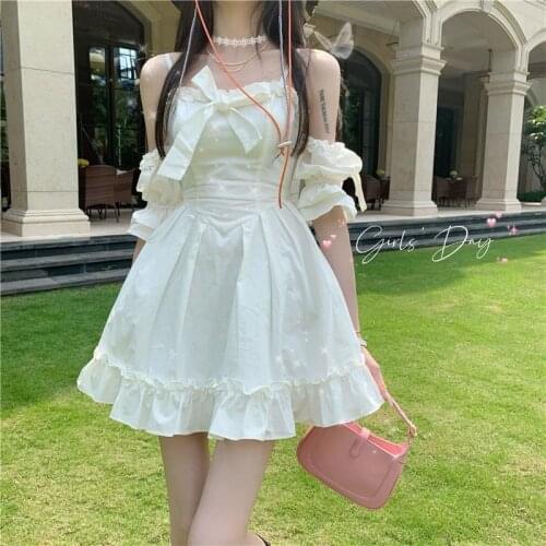 White Kawaii Fairy Dress for Girls Summer Cute Princess Off Shoulder Ruffle Party Y2k Mini Dresses Woman Casual Sundress 2021