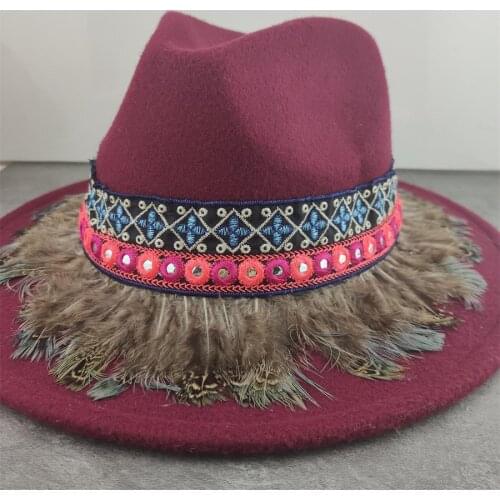 Boho fedora hats women feather band belt hat british elegant fascinator Leather Tassel winter women hats