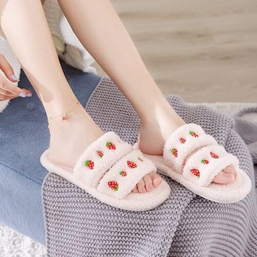 House Cartoon Fruit Women Velvet Slippers Open Toe Bedroom Flat Shoes Indoor Sweet Pineapple Ladies Fur Slippers