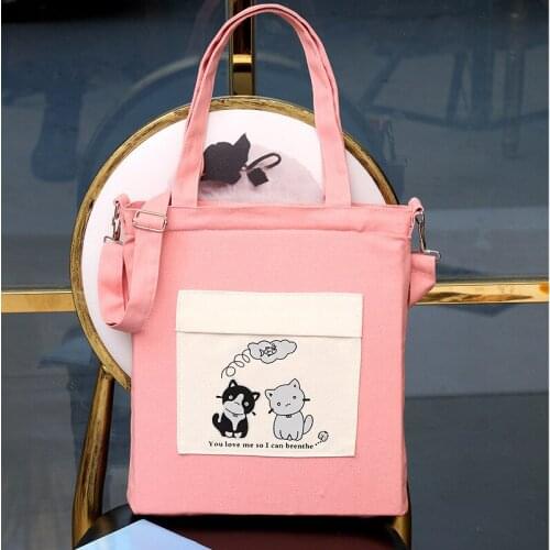 PURFAY Canvas cute Women Shoulder Bag Cotton Shopper Bag Phone Pocket Eco Reusable Shopping Bag Messenger Bag