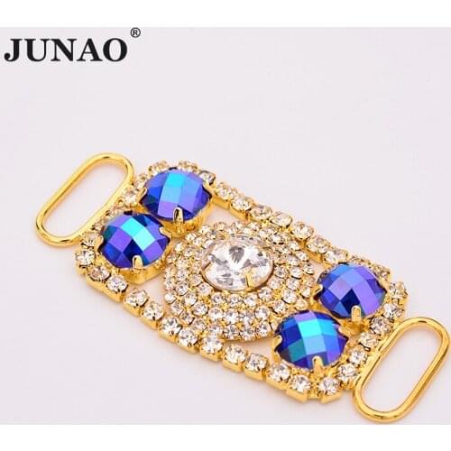 JUNAO 28x63mm Blue Yellow AB Crystal Belt Rhinestones Connector Crystal Buckle Metal Chain Applique for Bikini Headband Shoes