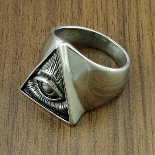 Punk Mens 316L Stainless Steel Illuminati Pyramid Eye Symbol Biker Ring Silver Color Freemason Triangle Masonic Rings Jewelry