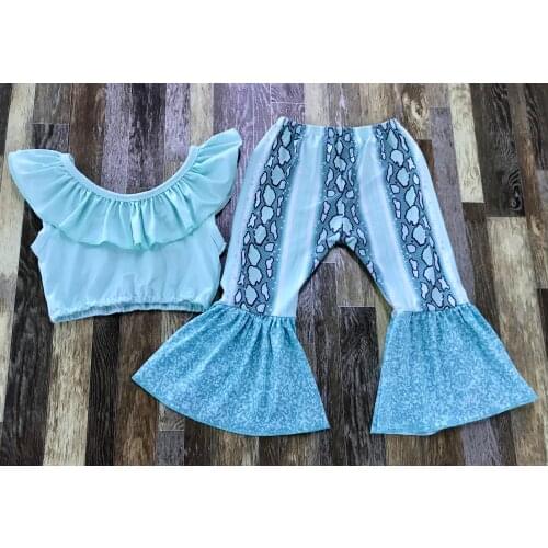 Fashion Kids summer Clothing Baby girl blue and green lace sleeveless navel-baring top snake skin totem flared trouser set