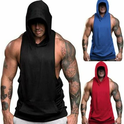 Mens Fitness Gym Solids Bodybuilding Workout Muscle Sleeveless Hoodies Tank Top Athletic Sleeveless Hooded Tops