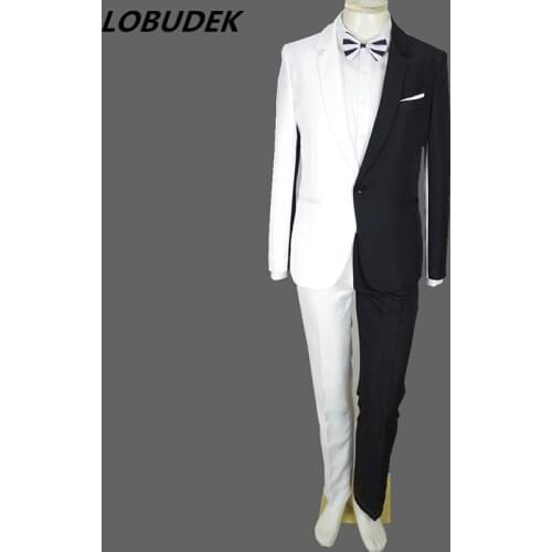 Adult Men Irregular Tuxedo Black White Splicing Suits Male Compere Singer Dancer Stage Outfit Show Magician Performance Costume