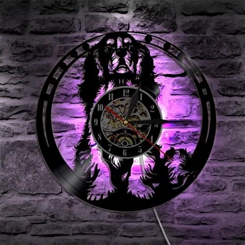 Cavalier King Charles Spaniel Dog Vinyl Record Wall Clock With LED Backlight Pet Puppy Wall Hanging Decor Modern Light